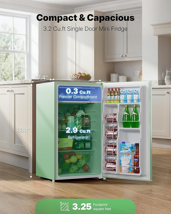 Upstreman 3.2 Cu.Ft Mini Fridge with Freezer, Green-BR321 | Adjustable Thermostat, Energy Saving, Low Noise, Reversible Door, Small Refrigerator for Dorm, Bedroom, Office - Image 2