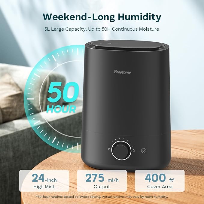 BREEZOME 5L Humidifiers for Bedroom, Ultrasonic Cool Mist Top Fill Humidifier & Essential Oil Diffuser, 360°Nozzle, Auto Shut-off, 50H Runtime, Quiet Humidifiers for Large Room, Baby Nursery, Plants - Image 2