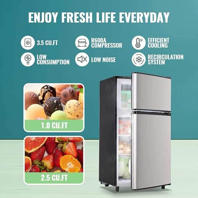 Double Door Small Refrigerator with Freezer-on-top, 3.5 Cubic Feet Mini Fridge with 7-Level Adjustable Thermostat for Office, Dorm, Bedroom, Home and Apartment, Silver - Image 3
