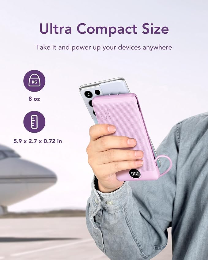 VEGER Portable Charger with Built-in AC Plug and Cables, All in One 10000mAh Ultra Slim Power Bank Travel Essentials, Fast Charging Battery Pack Compatible with iPhone, Samsung, Android (Purple) - Image 8