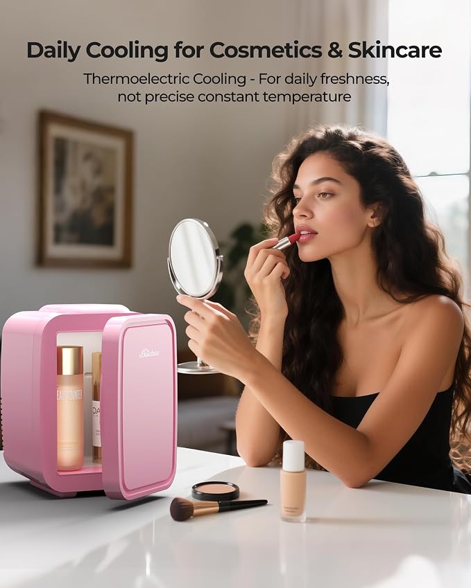 BEICHEN Mini Fridge 4 Liter/6 Can Portable Compact Refrigerator | for Bedroom Office Dorm Car, Fast Cooling, Low Noise, 100-125V AC/5-12V USB, for Skincare, Food, Drinks(Pink) - Image 3