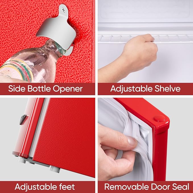 Upstreman 1.7 Cu.Ft Retro Mini Fridge, Low Noise, Energy Saving, Adjustable Thermostat, Single Door, Side Bottle Opener, Metal Handle, Compact Refrigerator for Office, Bedroom, Dorm-FR17 PRO (Red) - Image 6