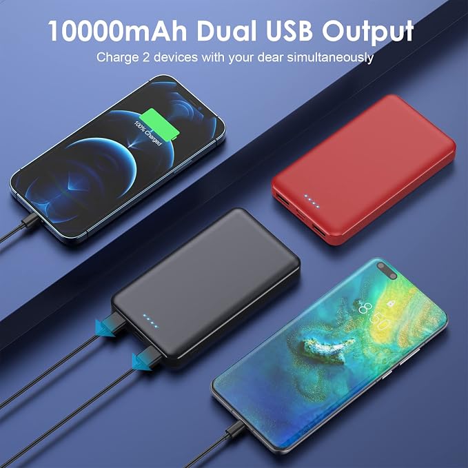 [2 Pack] Portable Charger Power Bank 10000mAh,Ultra Slim Compact External Battery Pack with USB C Input & Dual USB Outputs Backup Charger Compatible with iPhone 13,12, Samsung S20,Tablet-Black+Red - Image 4