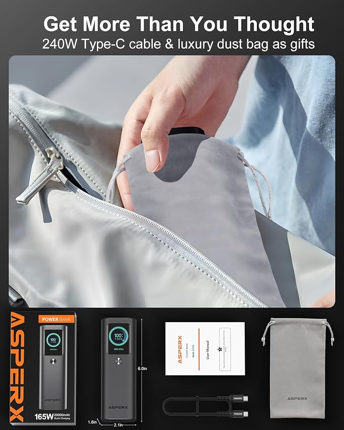 AsperX Laptop Power Bank, 165W 20,000mAh, Retractable Cables, Aluminum Alloy Unibody Portable Charger Power Bank, Battery Bank for MacBook Pro/Air/iPhone 17/iPad Pro/S25 Ultra/Dell/HP(TSA-Approved) - Image 9