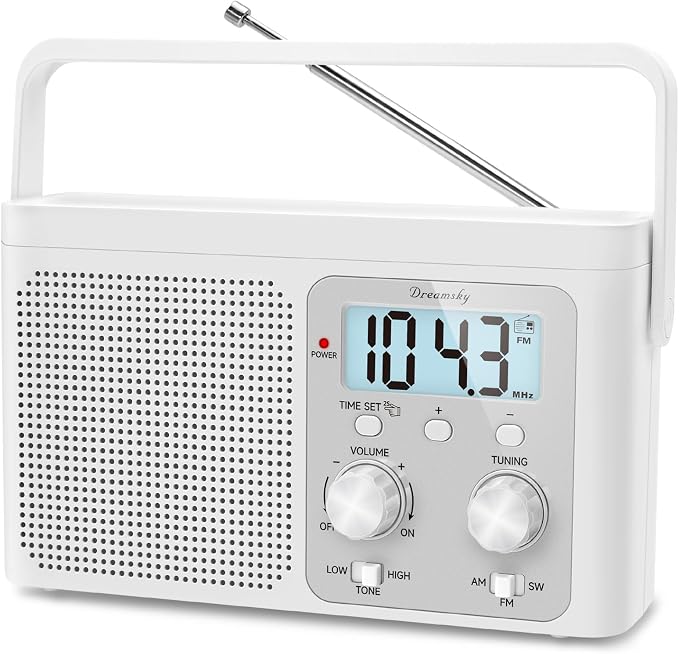 DreamSky AM FM Radio Portable - Shortwave Radio Battery Powered or Plug in Wall for Home Outdoor, Strong Reception, Large Dial Easy to Use, Digital Time Display, Transistor Antenna, Seniors Small Gift by DreamSky
