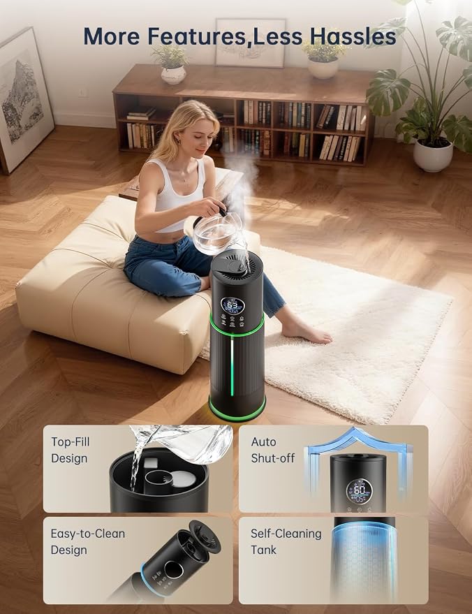 10L/2.64 Gal Humidifier for Large Room 600ft² 60H Runtime 24H Timer Auto Mode APP & Remote Control Top Fill Diffuser Aromatherapy 7 Color Lights Cool Mist Humidifier for Bedroom Home Office Plant - Image 7