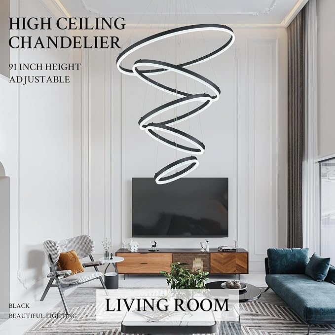 5-Rings D31.5in Modern LED Chandelier Black Dimmable High Ceiling Chandeliers - Image 4