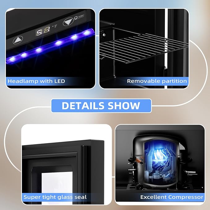 Antarctic Star 0.9Cu. Ft. Counter-top Wine Cellar Mini Fridge | 2 Bottle+6 Can Red Wine Beverage Refrigerator, Quiet, Portable, LED Light and Display, 40-61 ℉, Black - Image 6