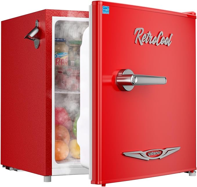 Upstreman 1.7 Cu.Ft Retro Mini Fridge, Low Noise, Energy Saving, Adjustable Thermostat, Single Door, Side Bottle Opener, Metal Handle, Compact Refrigerator for Office, Bedroom, Dorm-FR17 PRO (Red) by StartUpLiveBetter