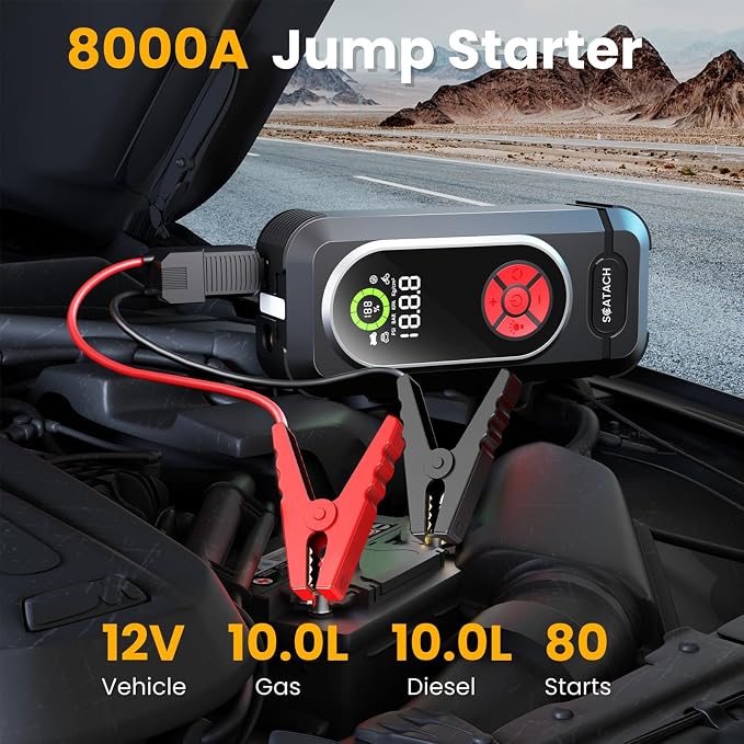 8000A Jump Starter with Air Compressor, 10-in-1 Car Battery Jump Starter Portable (10.0 Gas/10.0L Diesel), 150 PSI 12V Jump Box with Jumper Cables, LED Light, LED Display - Image 2