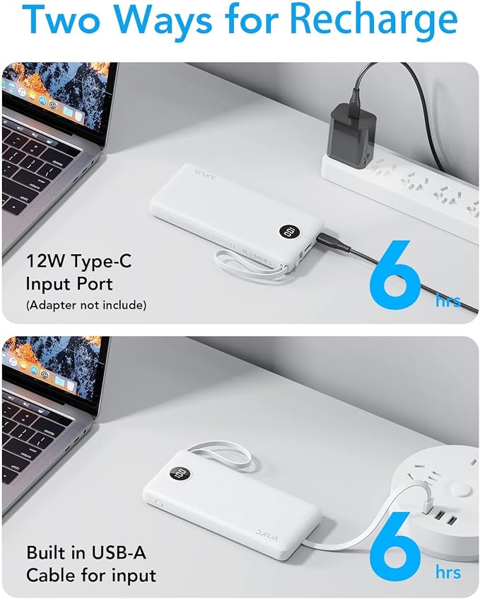 VRURC Portable Charger Power Bank, USB C Battery Pack 10000mAh,5 Outputs 2 Inputs Pocket Travel Charging Bank Built-in Cables for iPhone 17 Pro 17 16 15 14 13,Samsung,Android-White(1 Pack) - Image 6