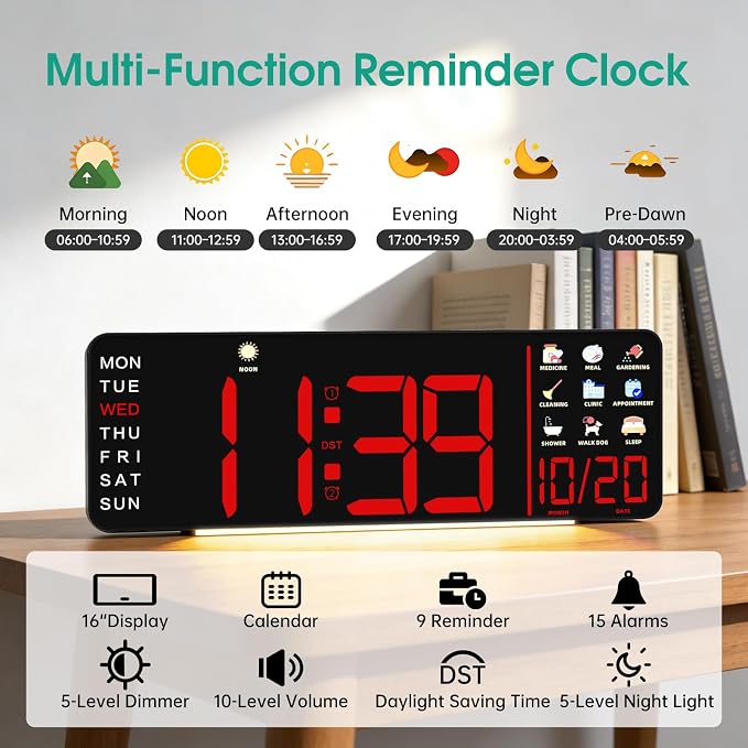 Hoifen Clock with Day and Date for Seniors, Remote Control, Night Light - Image 3
