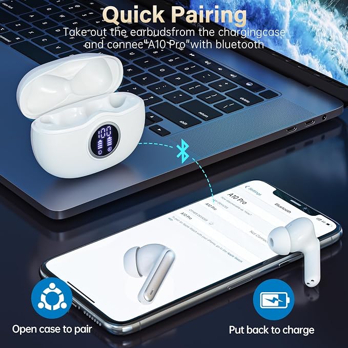 Wireless Earbuds, Bluetooth 5.3 Headphones HiFi Stereo 50H Playback LED Digital Display Ear Buds with ENC Noise Canceling Headset, IPX7 Waterproof Earphones for Gym/Running/Work（White） - Image 2