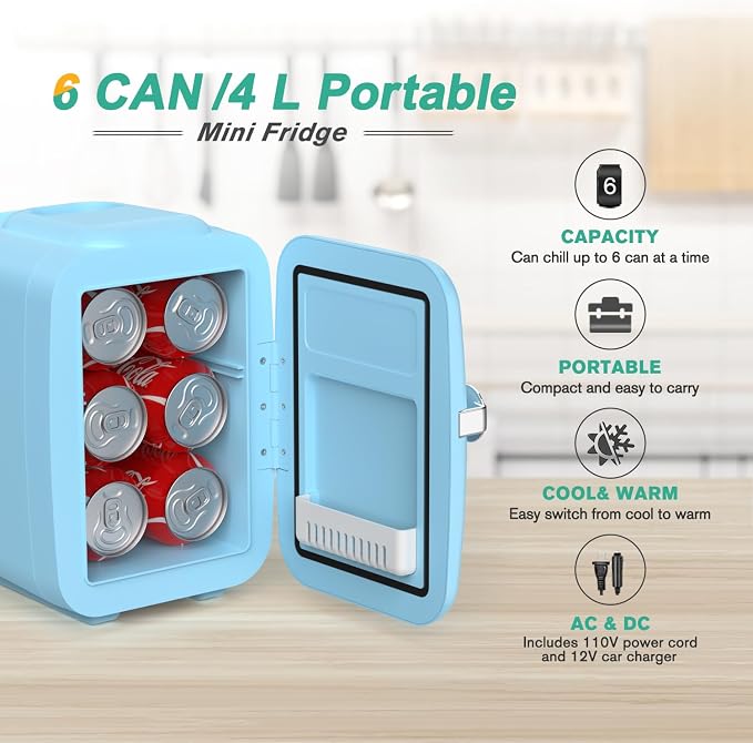 CROWNFUL Mini Fridge, 4 Liter/6 Can Portable Cooler and Warmer Personal Fridge for Skin Care, Cosmetics, Food,Great for Bedroom, Office, Car, Dorm, ETL Listed (Blue) - Image 2