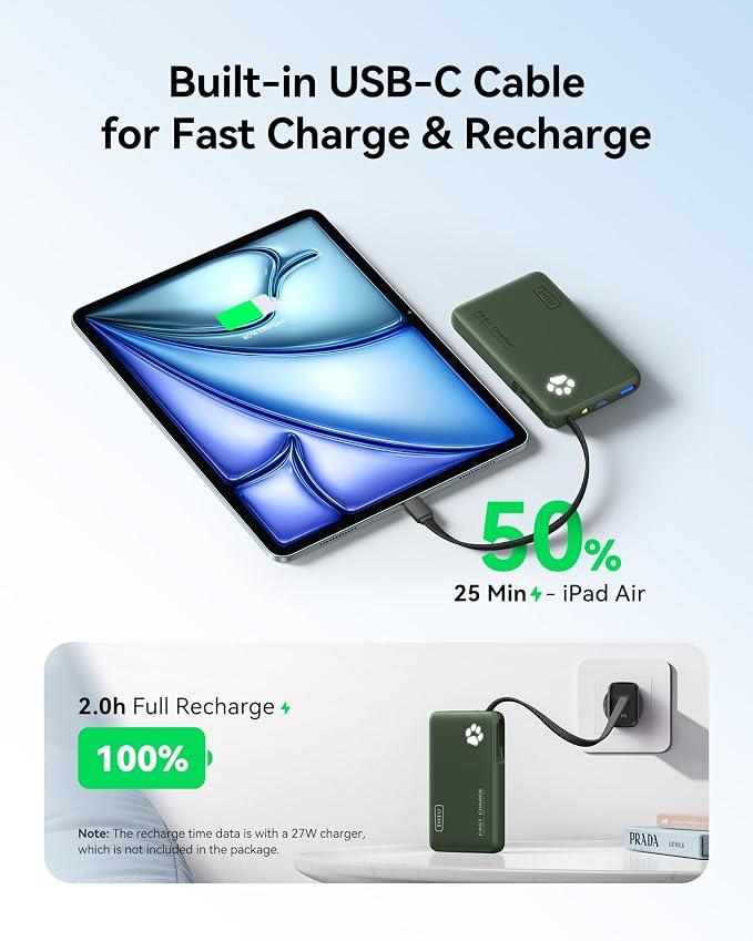 INIU 45W Power Bank, Fast Charging Portable Charger with Built-in USB C Cable, 10000mAh Small Type C Powerbank, Battery Pack for iPhone 17 16 15 14, iPad, Samsung S25 S24 etc Travel Camping, Green - Image 4