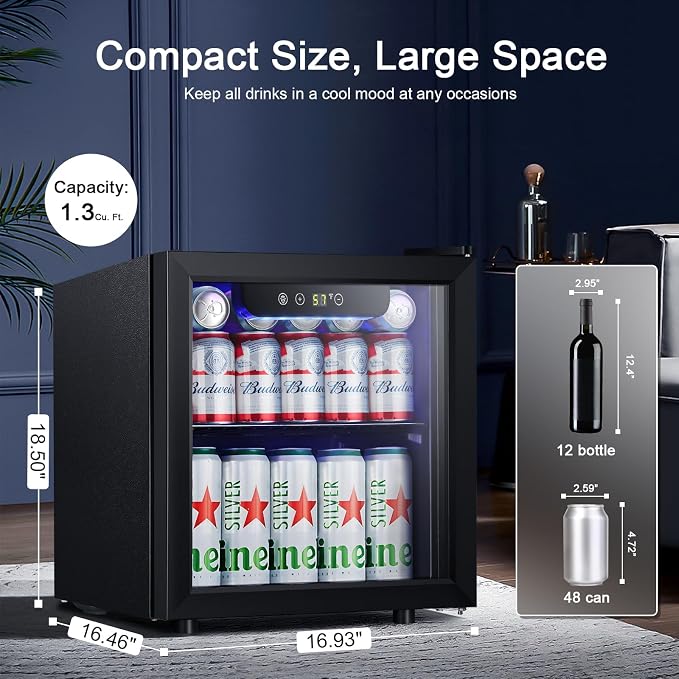 Antarctic Star Mini Fridge 12 Bottle 48 Can Beverage Refrigerator Cooler with Glass Door for Soda Drinks or Wine,Freestanding Beverage Fridge for Home and Bar with Adjustable Shelving, 1.3 Cu. Ft. - Image 2