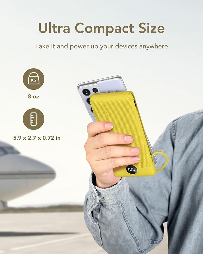 VEGER Portable Charger with Built-in AC Plug and Cables, All in One 10000mAh Ultra Slim Power Bank Travel Essentials, Fast Charging Battery Pack Compatible with iPhone, Samsung, Android (Yellow) - Image 8