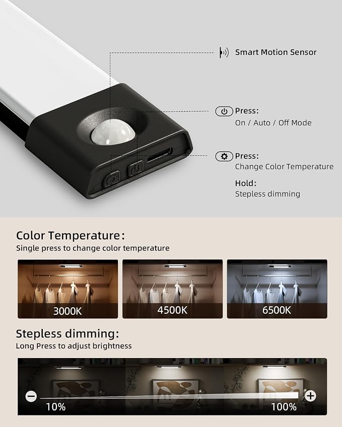 EZVALO Under Cabinet Lighting, Wireless Closet Lights, 30 LED Rechargeable - Image 4