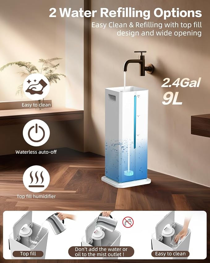 Cool Mist Humidifiers for Bedroom, Ultrasonic 2.4Gal 9L Quiet Top-Fill, Easy Clean with Essential Oil Tray, 360°Nozzle, 4 Speed, Remote, 60H Runtime, for Baby, Adults, Plants, Home, House, Large Room - Image 7