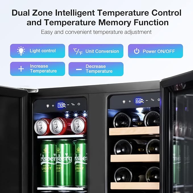 Wine and Beverage Refrigerator, 24 Inch Dual Zone Wine Beverage Cooler, Holds 20 Bottles and 88 Cans, Built-In and Freestanding, Seamless Glass Door, Under Counter Beer Wine Refrigerator - Image 4