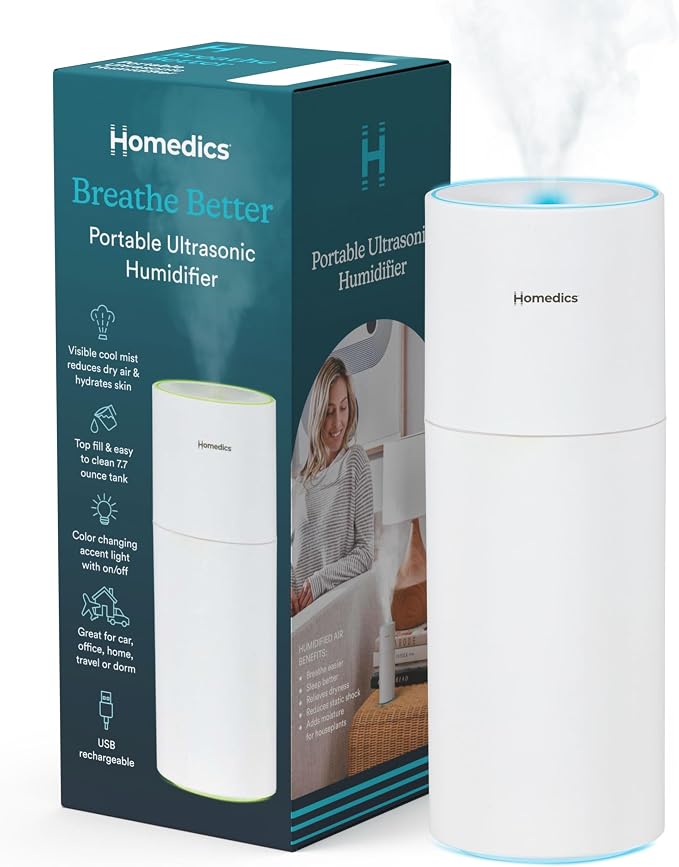Homedics Portable Humidifier - Small Air Humidifiers for Bedroom, Plants, Office, Travel - Cool Mist Humidifiers, Color-Changing Accent Light, 2 Mist Settings, White by Homedics