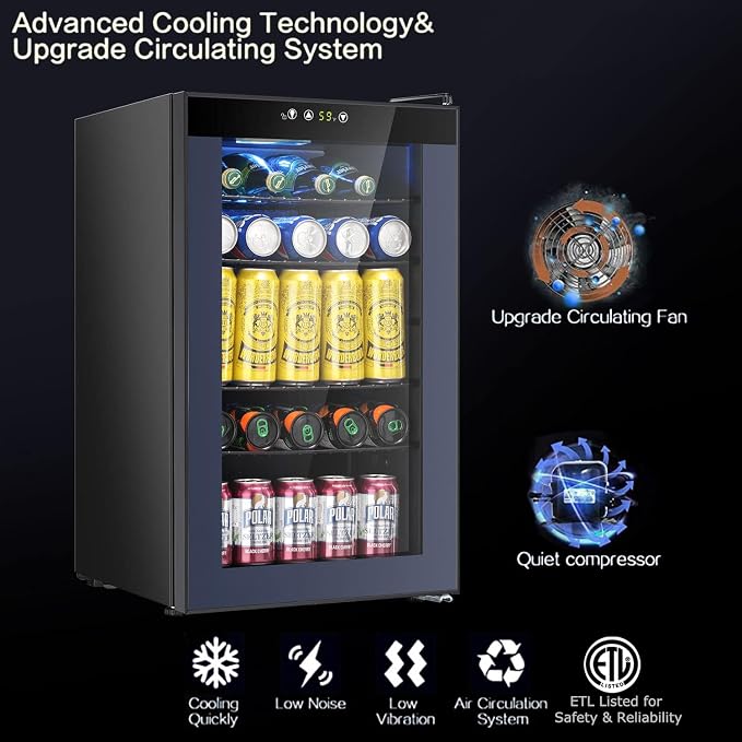 COWSAR Mini Fridge Cooler, 95 Can Beverage Refrigerator with Glass Door, ETL Approved Wine Fridge with Digital Temperature Control, LED Light for Home, Office, Bar, and Game Room - 2.6 Cu.Ft. Black - Image 2