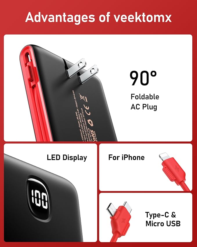VEEKTOMX Portable Charger with Built in Cables 10000mAh, Power Bank for iPhone with AC Wall Plug, Fast Charging USB C Slim Battery Pack with LED Display Compatible with iPhone 17/16/15/14, Samsung - Image 8