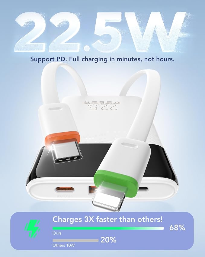 VEGER Portable Charger, Ultra Slim 22.5W Fast Charging with Built in Cable, Flight-Safe 10000mAh USB C Power Bank Battery Pack, Travel Essential Phone Powerbank for iPhone 17 16 Samsung S25 Google etc - Image 3