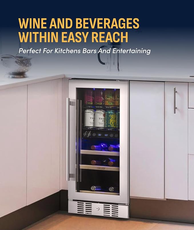 NewAir 15" Dual Zone Beverage Refrigerator & Wine Cooler for 9 Bottles & 48 Cans | Freestanding or Built-In Under Counter Mini Fridge for Beer, Wine and Soda | Stainless Steel - Image 3