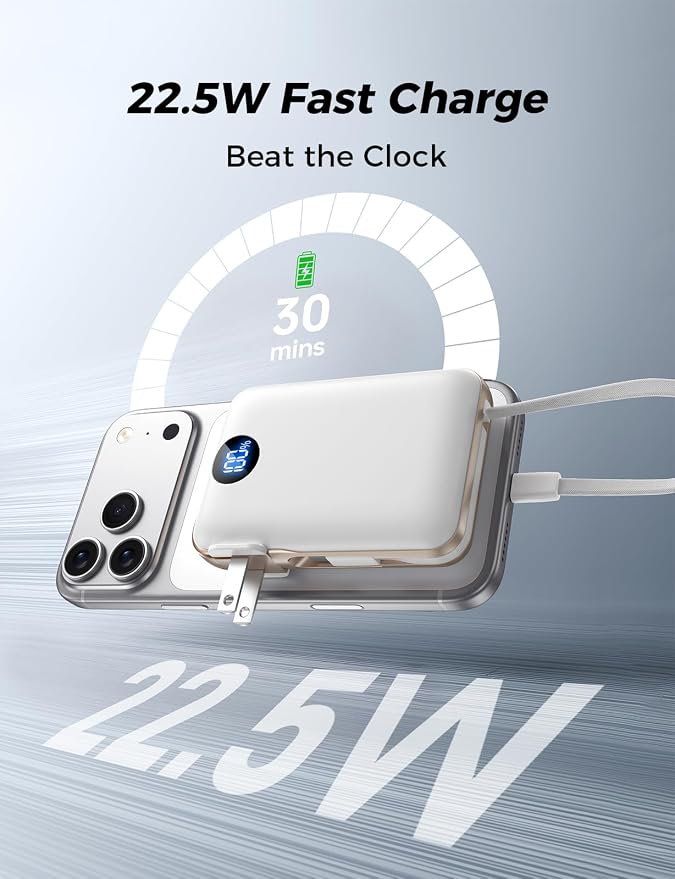 Portable Charger with Built-in Cables & Wall Plug, 10000mAh Power Bank, 4 Outputs 22.5W USB C Fast Charging, Slim Travel Battery Pack with LED Display for iPhone 17/16/15/14, White - Image 3