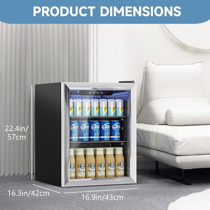 Stopasd Beverage Refrigerator Cooler, 1.7 Cu.Ft/76 Can Drink Fridge with Adjustable Shelves & Glass Door for Soda Wine Beer, Quiet Undercounter Small Fridge for Home/Office/Bar/Garage(37°-61℉), Black - Image 3