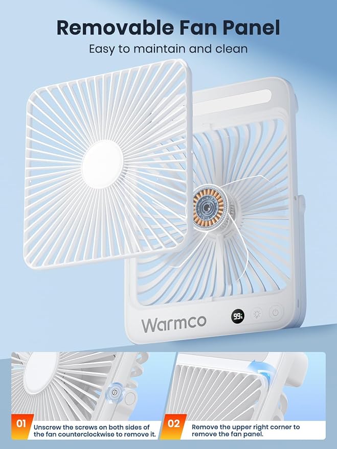 Warmco 20000mAh Battery Powered Fan, Ultra-Slim 8-Inch Portable Camping Fan with LED Lantern, Up to 48H Runtime Rechargeable Desk Fan for Bedroom, Outdoor, Tent, Travel, Cruise Ship Essentials - Image 5