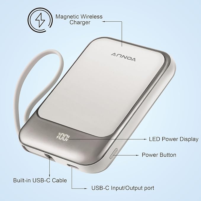 Magnetic Power Bank 10000mAh, Wireless Portable Charger with 15W Max Fast Charging & Built-in USB-C Cable, 22.5W PD LED Display Battery Pack Compatible with iPhone 17/16/15, Samsung Galaxy(white) - Image 5