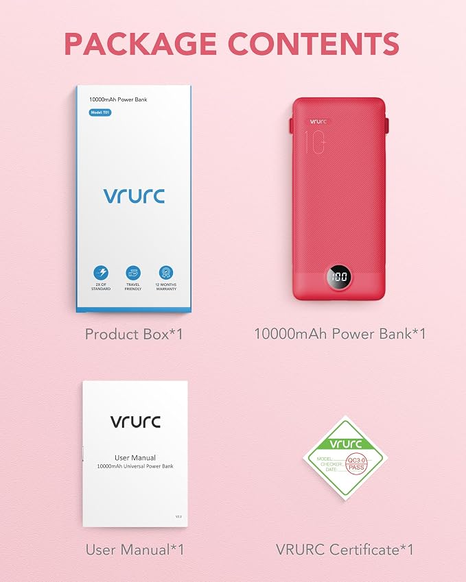Portable Charger Built-in Cables and AC Wall Plug, VRURC USB C Power Bank 10000mAh, Travel Battery Portable Phone Charger Compact Lightweight External Battery Pack for SmartPhones,Tablets-Viva Magenta - Image 8