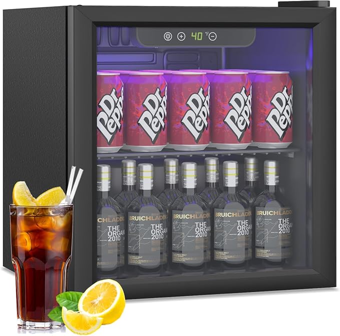Stopasd Beverage Refrigerator Cooler, 1.3 Cu.Ft/60 Can Drink Fridge with Adjustable Shelves & Glass Door for Soda Wine Beer, Quiet Undercounter Small Fridge for Home/Office/Bar/Garage(40-61 ℉), Black by Stopsad