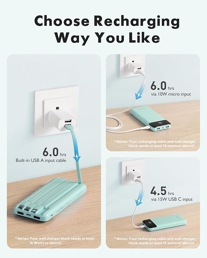 charmast Portable Charger with Built in Cables, Power Bank with Cords Wires, Slim 10000mAh Travel Battery Pack 6 Outputs 3 Inputs 5A Fast Charging for Samsung Google Pixel LG Moto iPhone iPad - Image 6