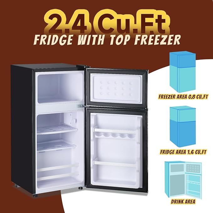 Mini Fridge with Freezer Small Refrigerator Double Door Dorm Fridge for Single Removable Shelves for Bedroom, Office, Dorm Black - Image 3