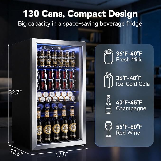 130 Can Beverage Refrigerator, 3.2 Cu.Ft Mini Fridge Beverage Cooler | Glass Door, 35–65°F Digital Temperature Display, Adjustable Shelves, Beverage Fridge for Soda, Beer & Wine - Image 2