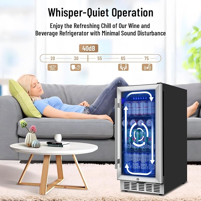 15 Inch Beverage Refrigerator, 130 Can Capacity Under Counter Fridge with Lock & Glass Door, Quiet Built-in or Freestanding Beer Cooler, Powerful Compressor for Fast Cooling - Image 5