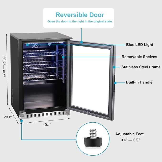 Weili 20" Under Counter Beverage Refrigerator with Reversible Glass Door | Built-in/Freestanding, 3.2 Cu.Ft, Stainless Steel, Adjustable Shelves, Beer Soda Drink Fridge, for Home Bar Office Kitchen - Image 3