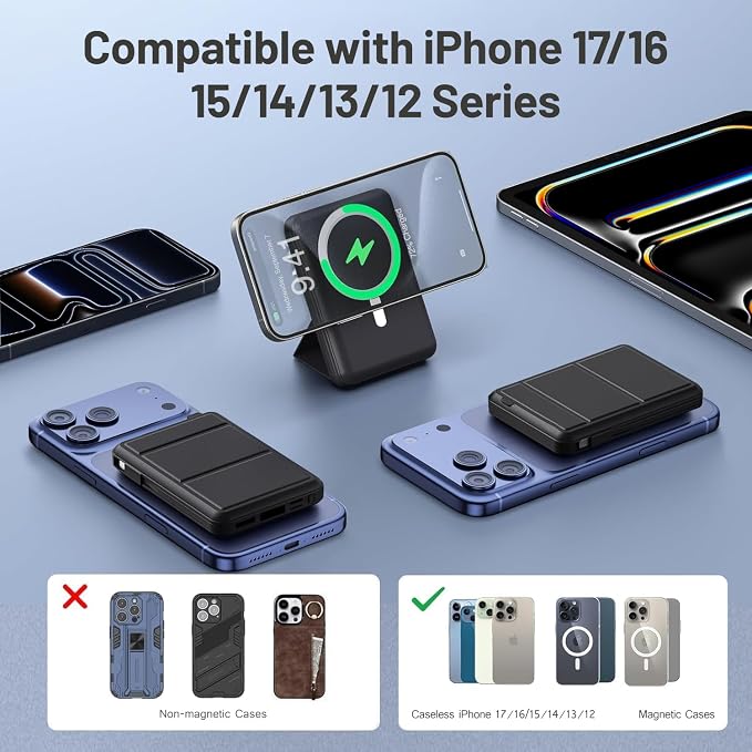 Azmuth for MagSafe Portable Charger, 10000mAh Magnetic Power Bank with 20W PD USB-C Fast Charging LED Display for MagSafe Battery Pack, Magnetic Travel Charger for iPhone 17/16/15/14/13/12 Series - Image 3