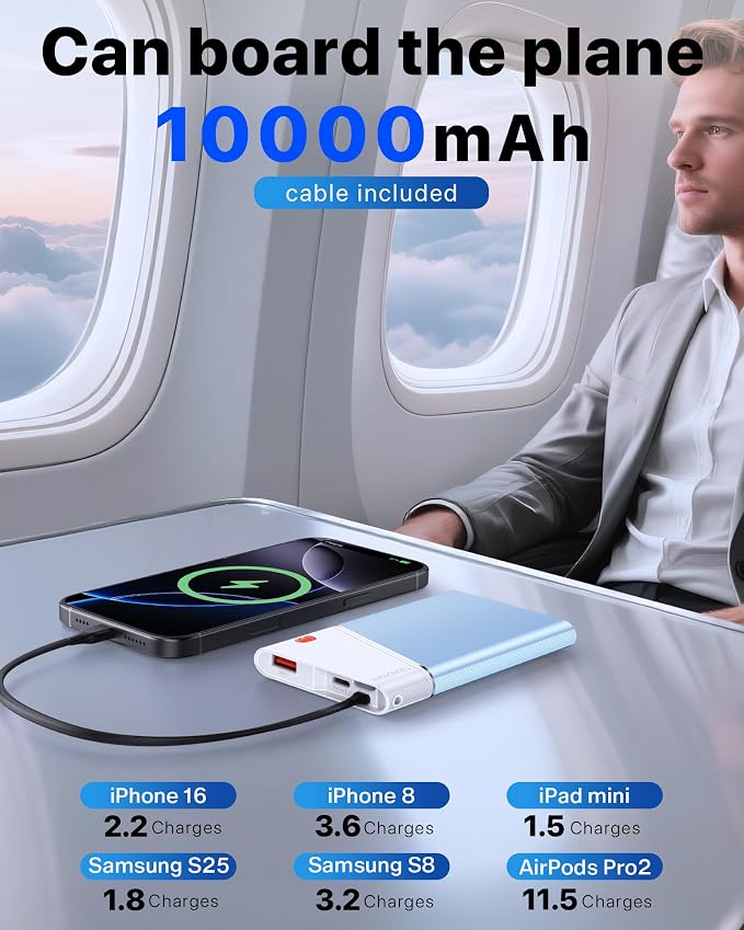 Aaoyun Portable Charger Power Bank, 10000mAh 22.5W PD Fast Charging Powerbank with Built-in USB C Cable, Slim External Phone Battery Pack for iPhone 17/16/15 Samsung S24 Android etc (Blue) - Image 4