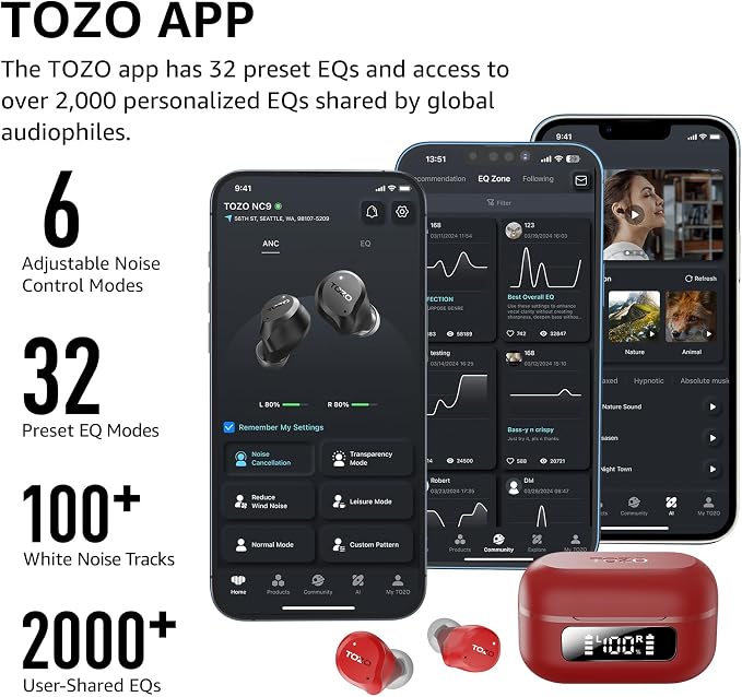 TOZO NC9 Hybrid Active Noise Cancelling Wireless Earbuds, 60H, LED Display | 6 Mic ENC Clear Calls, Deep Bass Sound, IPX8, in Ear Bluetooth 5.3 Headphones,32 EQs via APP, Comfort Fit Ear Buds, Red - Image 6