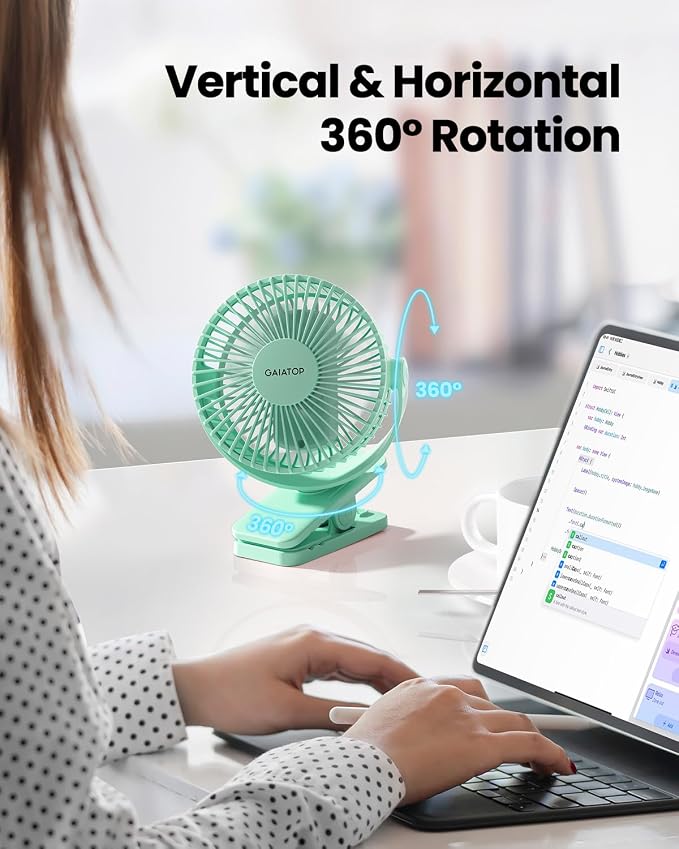Gaiatop Portable Clip on Fan Battery Operated, Small Powerful 3 Speed Quiet 360° Rotate, USB Rechargeable Mini Personal Cooling Fan for Desk Table Home Office Stroller Camping Women Gifts Green - Image 2