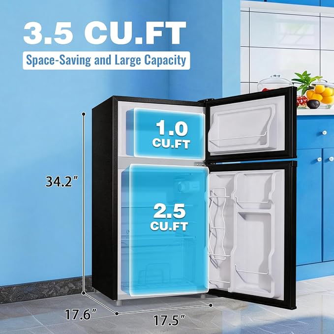 3.5 Cu.Ft Compact Refrigerator Black, Dual-Door MIni Fridge for Home | 2 Removable Glass Shelves, Large Capacity with 7 Settings, Low Consumption for Dorm Apartment - Image 9