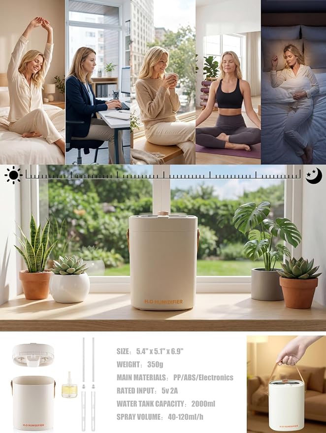 Humidifier for Bedroom, 2L Cool Mist Humidifier with Essential Oils Diffuser and Nightlight, Top Fill Humidifiers for Home, Auto Shut-Off, Carry Handle, Quiet Easy to Fill & Clean for Home - Image 8