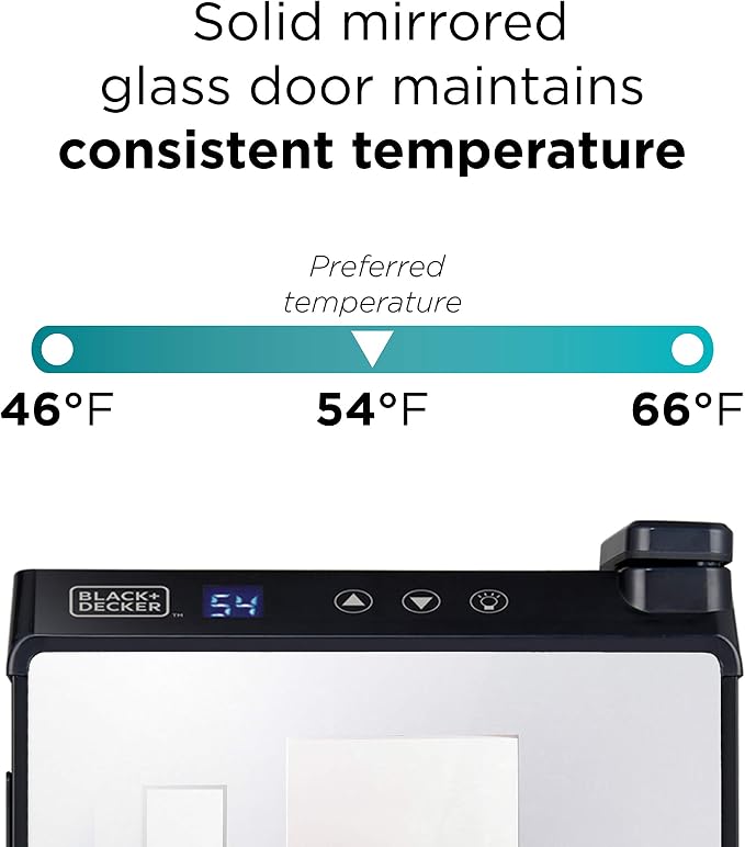 BLACK+DECKER 6-Bottle Thermoelectric Wine Chiller, BD60316, Mirrored Door | Thermoelectric Wine Cooler with Temperature Control, 6 Bottle Fridge for Reds, Whites and More, LED Display, Chrome Racks - Image 5
