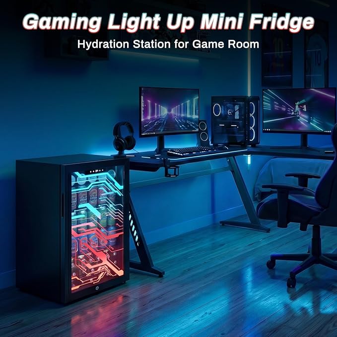 Velivi Gaming Light Up Glass Door Beverage Refrigertor, 3.2 Cu Ft Gaming Mini Fridge with Led RGB Lights Lockable Mini Fridge For Soda Beer, Drink Cooler Cyberpunk Gaming Rooms Bar Home Party | 3.2 Cu Ft Mini Fridge with Led RGB Lights for Soda Beer, D... - Image 8