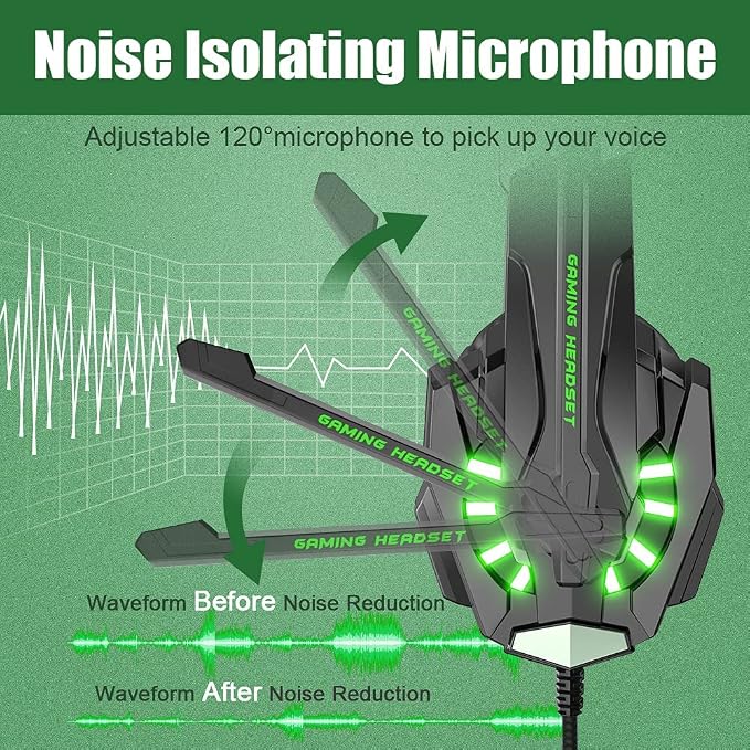 BENGOO G9000 Stereo Gaming Headset for PS4 PC Xbox One PS5 Controller, Noise Cancelling Over Ear Headphones with Mic, LED Light, Bass Surround, Soft Memory Earmuffs for Laptop Mac - Green - Image 4