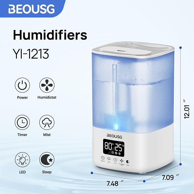 5L Top Fill Ultrasonic Humidifier,Cool Mist Humidifiers with Timer & Humidity Control for Bedroom, Baby, Large Rooms & Plants (White-2) - Image 2